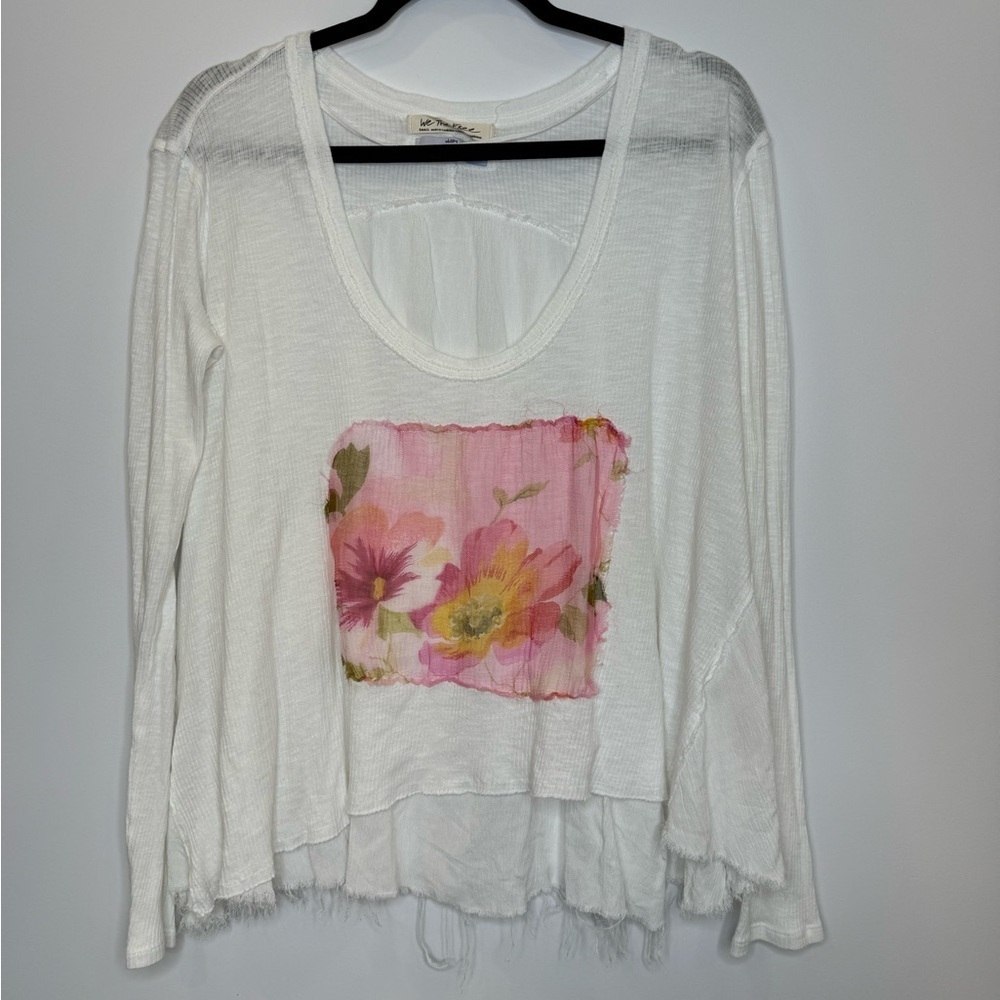 Free People White Long Sleeve Top with Floral Design